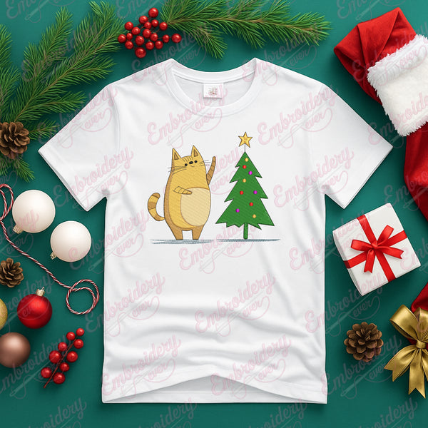 Cat With Christmas Tree Embroidery Design