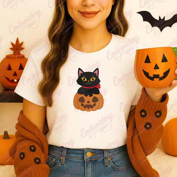 Cat and Pumpkin Halloween Embroidery Design