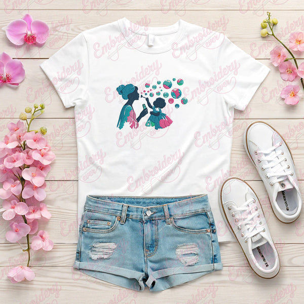 Mother Daughter Blowing Bubbles Embroidery Design