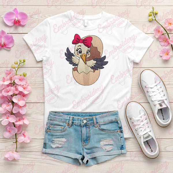 Baby Stork Bird Girl Sitting Inside Of Egg Embroidery Design