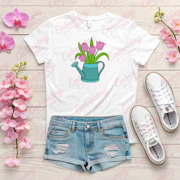 Tulips In Watering Can Embroidery Design