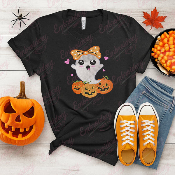 Cute Ghost In Pumpkin Halloween Embroidery Design