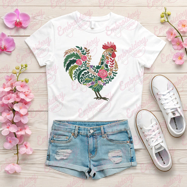 Colorful Botanical Rooster Embroidery Design