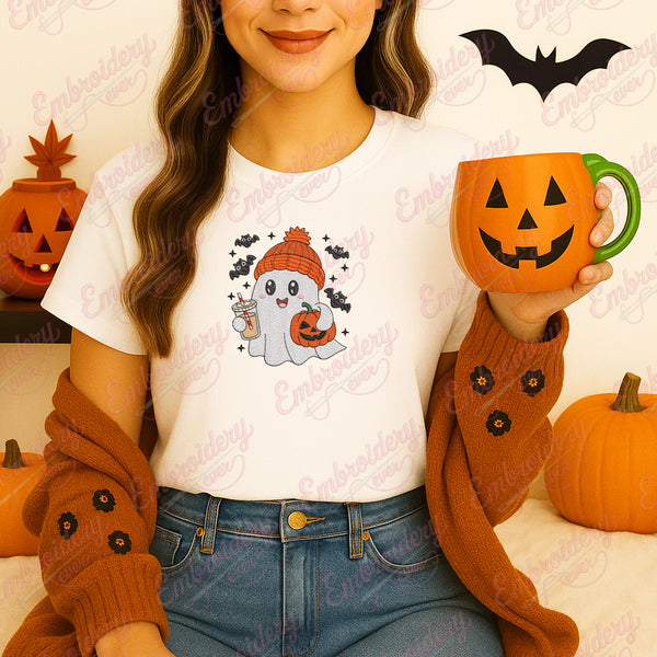 Halloween Ghost With Coffee Embroidery Design