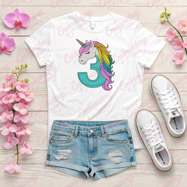 Unicorn Number 3rd Birthday Embroidery Design