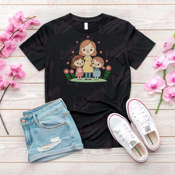 Cute Mom and Daughters Embroidery Design