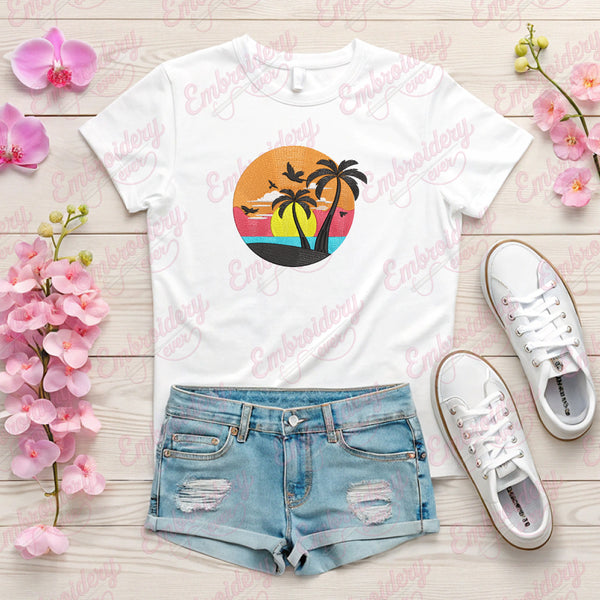 Sunset With Palm Trees Embroidery Design