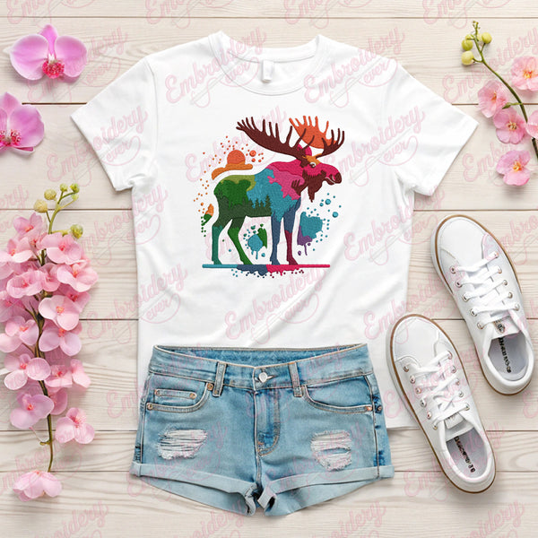 Colorful Moose Embroidery Design