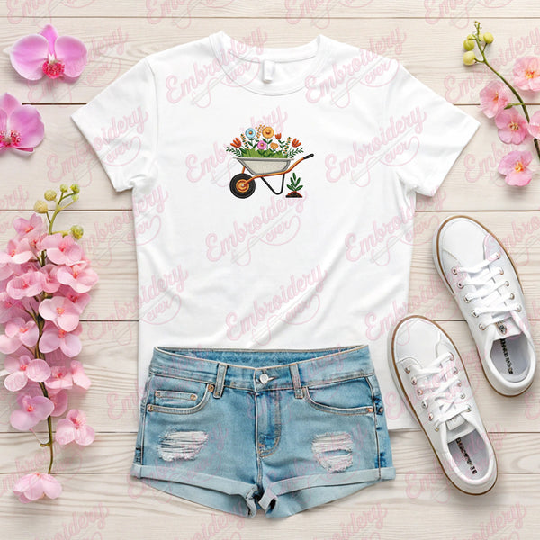 Floral Wheelbarrow Gardening Embroidery Design