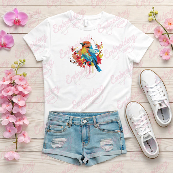 Beautiful Bird With Flowers Embroidery Design