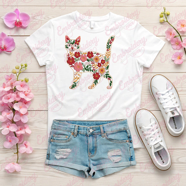 Tropical Leaves And Flowers Cat Embroidery Design