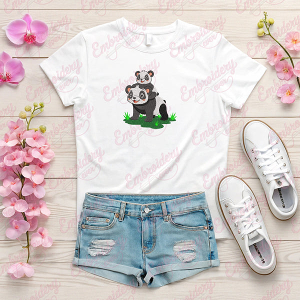 Cute Mother And Baby Panda Embroidery Design