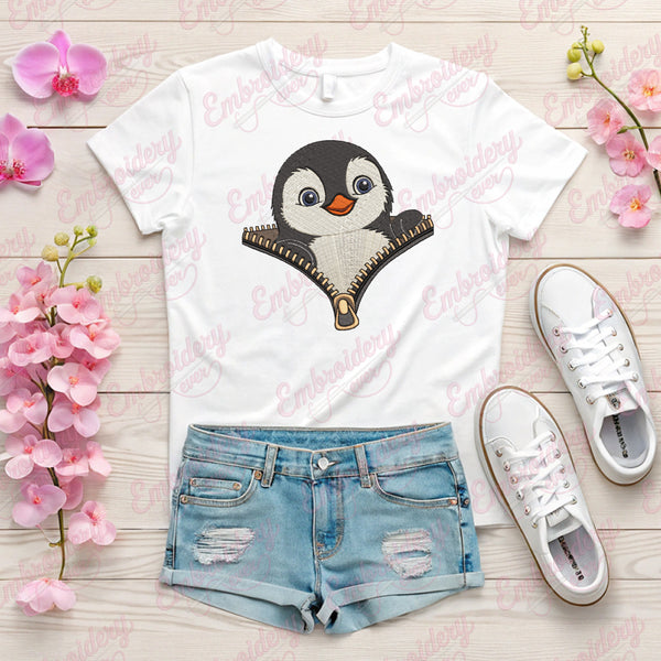 Cartoon Penguin With Zippers Embroidery Design