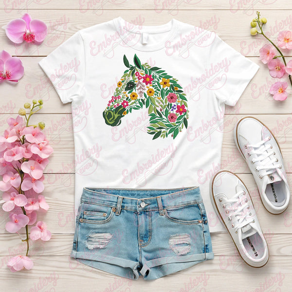 Tropical Leaves And Flowers Horse Embroidery Design