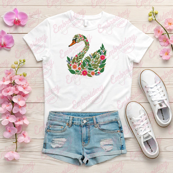 Tropical Leaves And Flowers Swan Embroidery Design