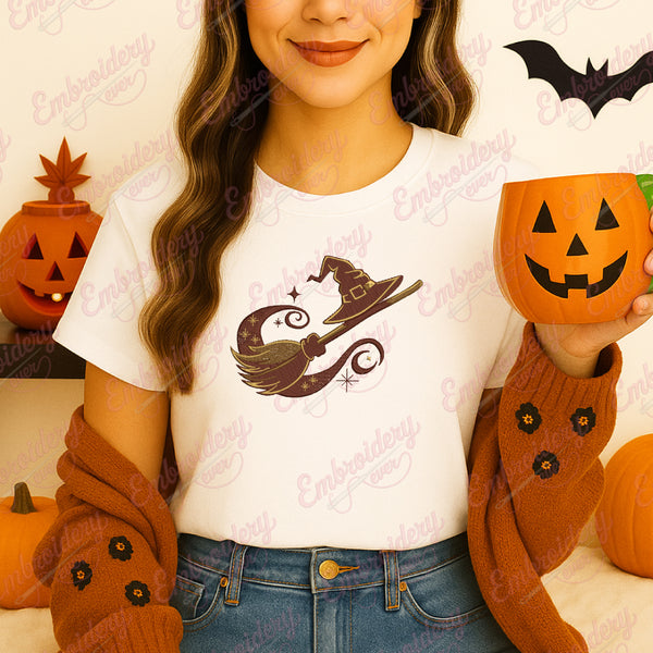 Halloween Broom Witch Hat Embroidery Design