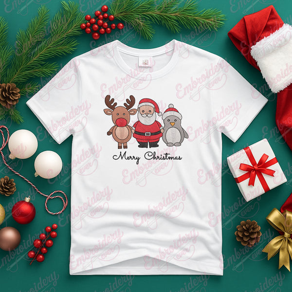 Santa Reindeer And Penguin Christmas Embroidery Design