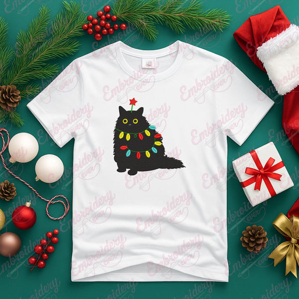 Black Cat with Christmas Lights Embroidery Design