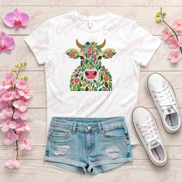 Tropical Leaves And Flowers Cow Head Embroidery Design