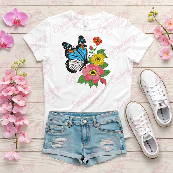 Featuring A Butterfly And Flowers Embroidery Design