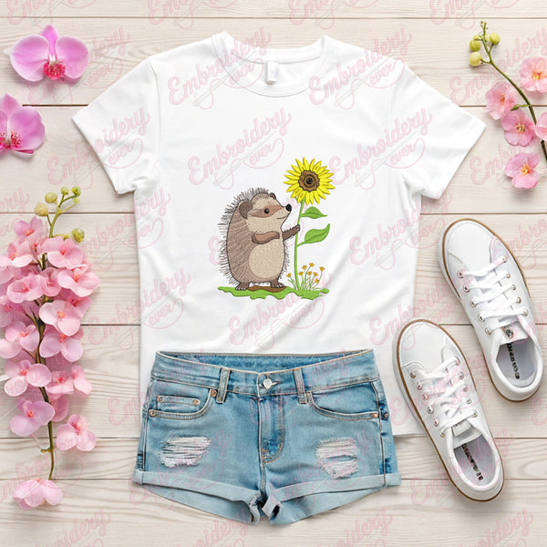 Sweet Garden Hedgehog Sunflower Embroidery Design