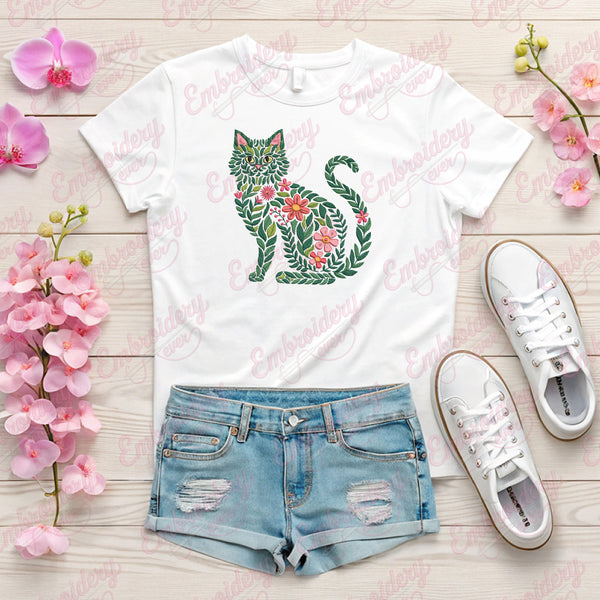 Flower Cat Embroidery Design