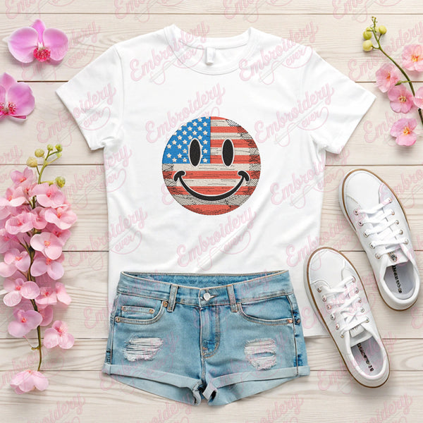4th of July American Flag Smiley Face Embroidery Design