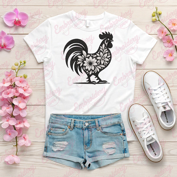 Floral Rooster Embroidery Design