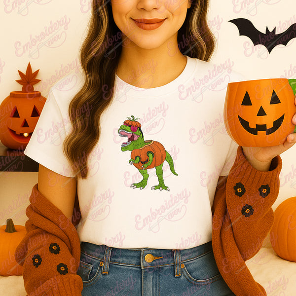T-rex Dinosaur In Pumpkin Halloween Embroidery Design