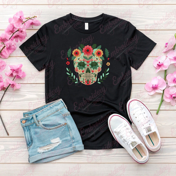 Floral Sugar Skull Embroidery Design
