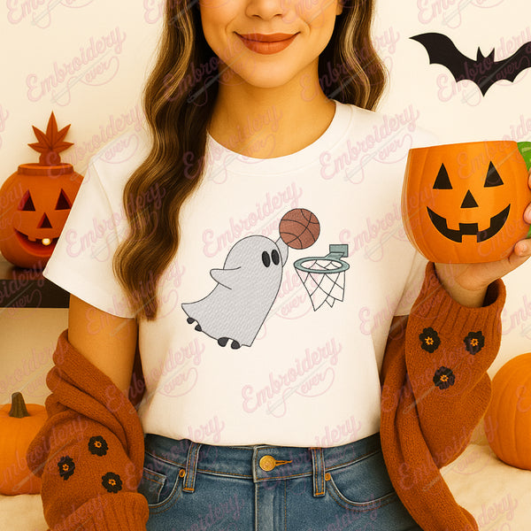 Ghost Playing Basketball Halloween Embroidery Design