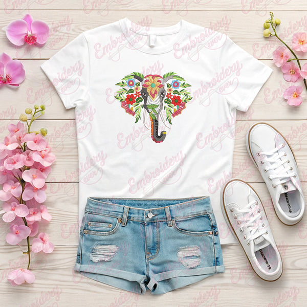 Elephant With Flowers Embroidery Design