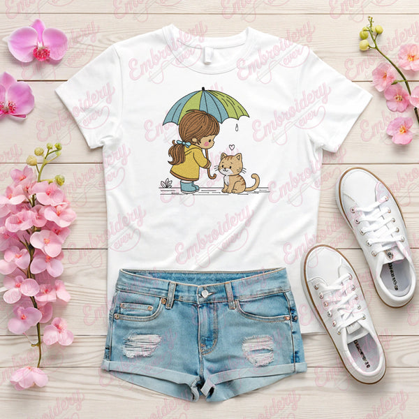 Cute Girl With Cats Embroidery Design