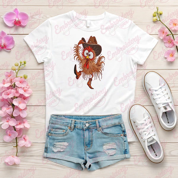 Crazy Chicken Rooster Wearing Cowboy Hat Embroidery Design
