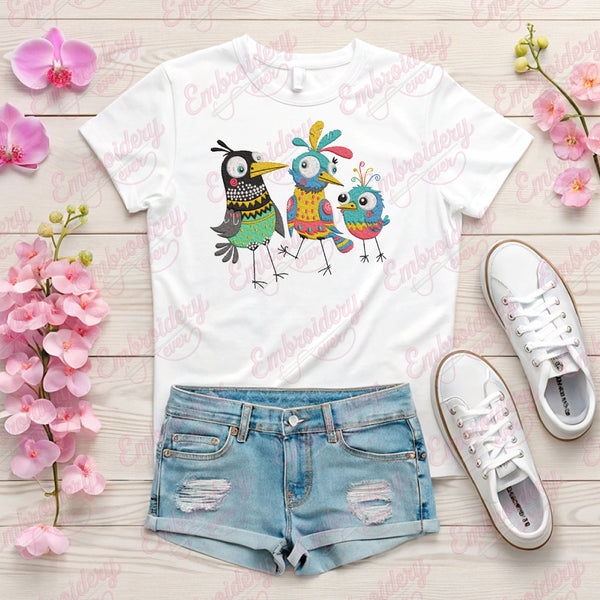 Crazy Colorful Birds Embroidery Design