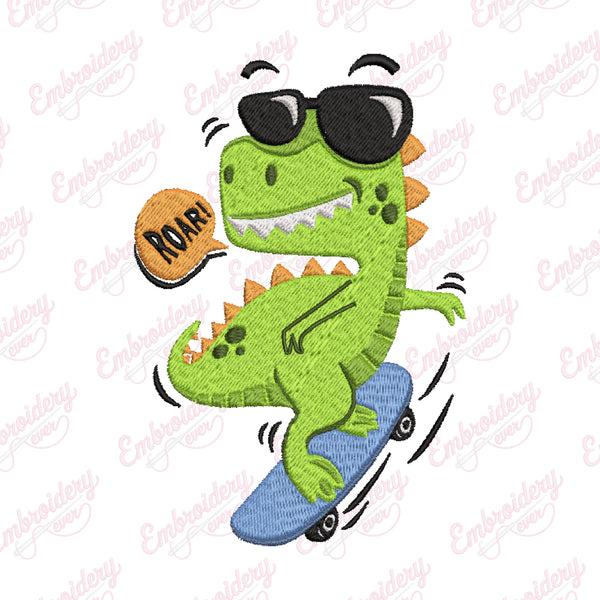 Cute Dinosaur Playing Skateboard Embroidery Design
