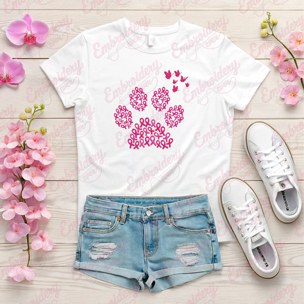 Pink Ribbon Dog Paw Print Breast Cancer Embroidery Design