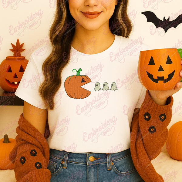 Halloween Pumpkin Eating Ghost Embroidery Design