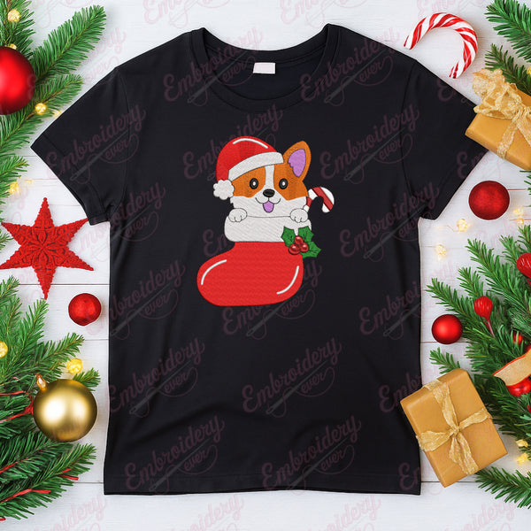 Christmas Corgi In Stocking Embroidery Design