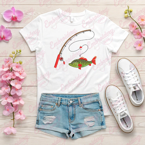 Fishing Rod with Fish Embroidery Design