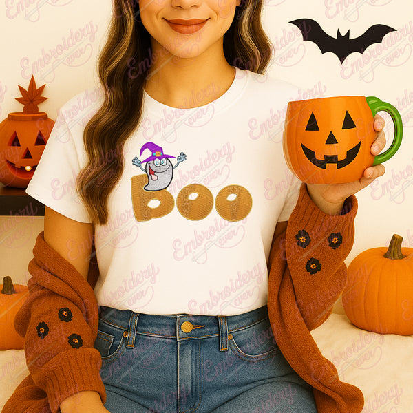 Scary Ghost Coming Out Of Boo Text Halloween Embroidery Design