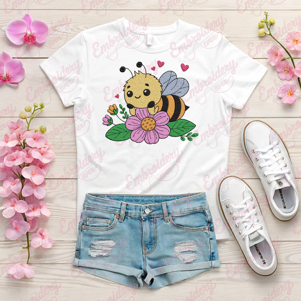Cute Bee and Flower Embroidery Design