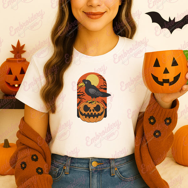 Halloween Raven and Pumpkin Embroidery Design