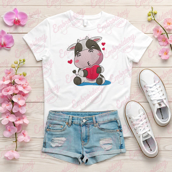 Cartoon Cow With Heart Embroidery Design