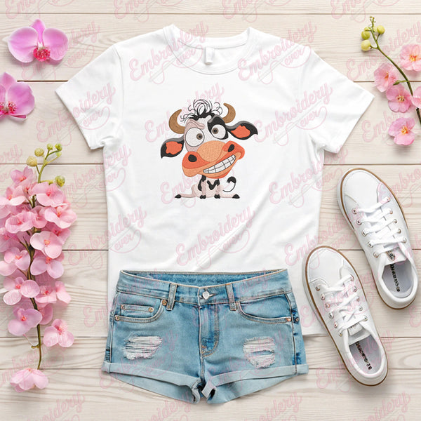 Funny Cartoon Style Cow Embroidery Design