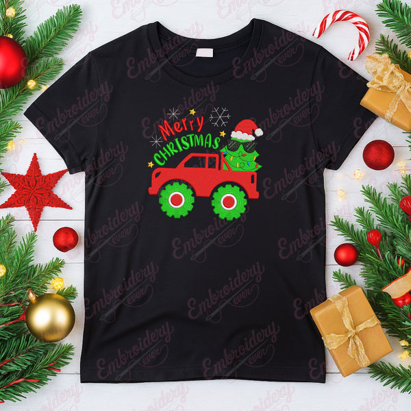 Merry Christmas Monster Truck Embroidery Design