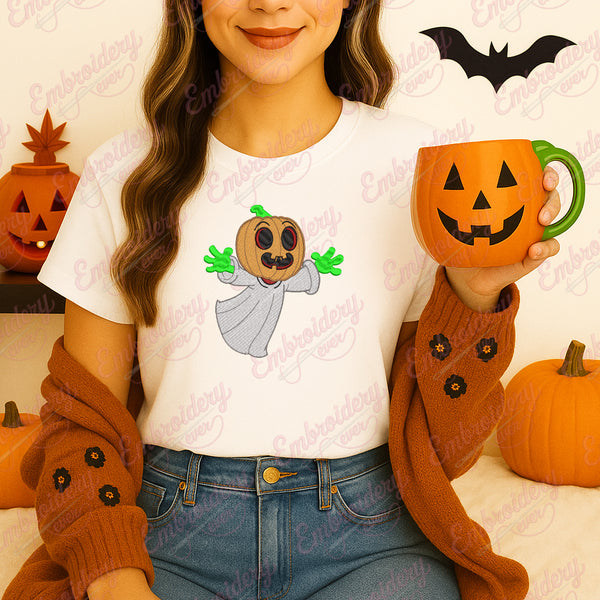 Halloween Ghost With Pumpkin Head Embroidery Design