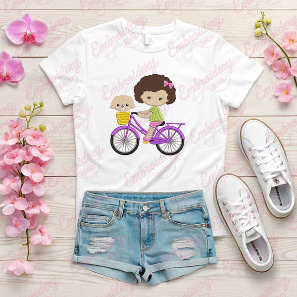 Cute Girl Riding Bicycle Embroidery Design
