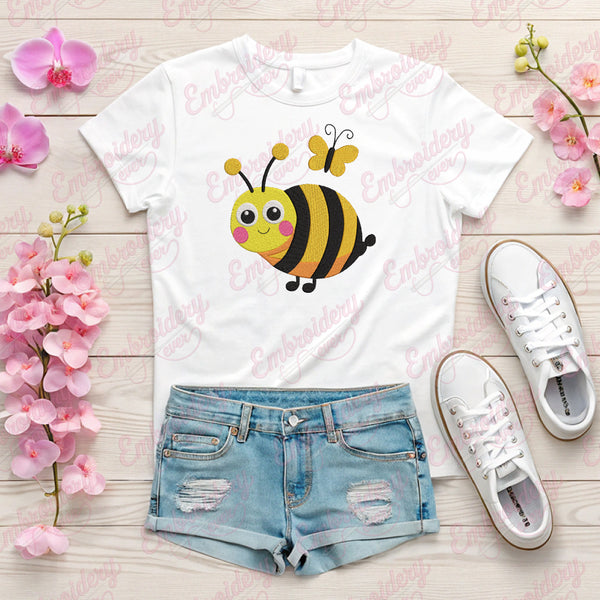 Cute Bee With Butterfly Machine Embroidery Design
