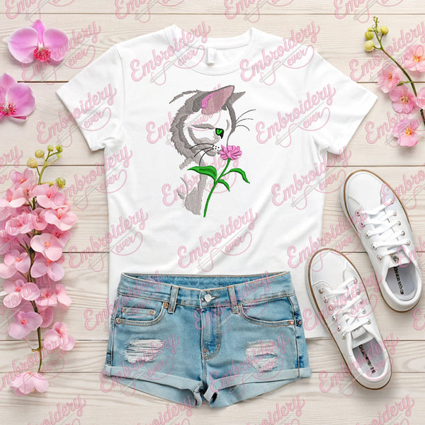 Cat Sniffing Flower Embroidery Design